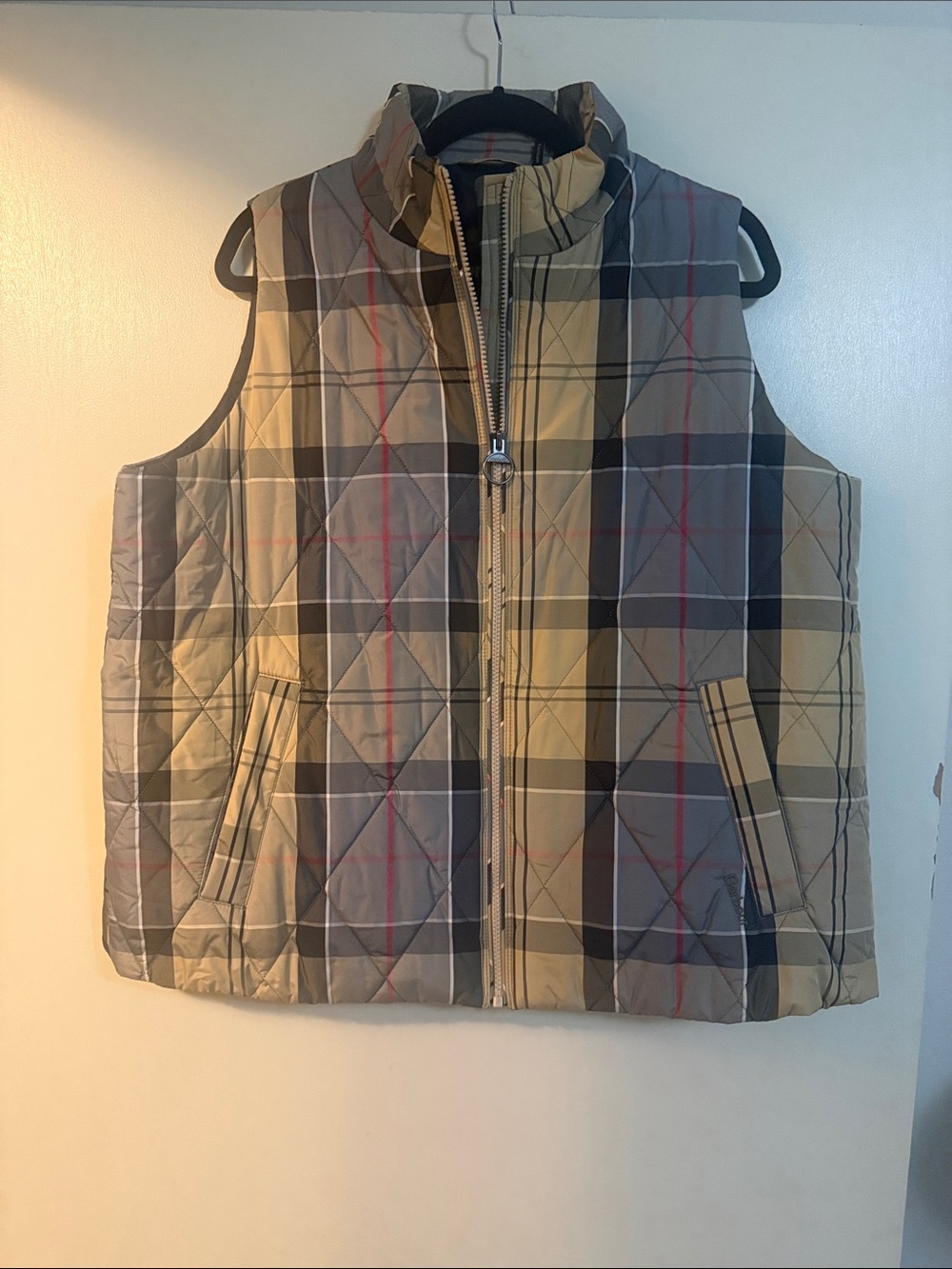 Barbour Beige, Black and Gray Quilted Plaid Vest with Red Accents